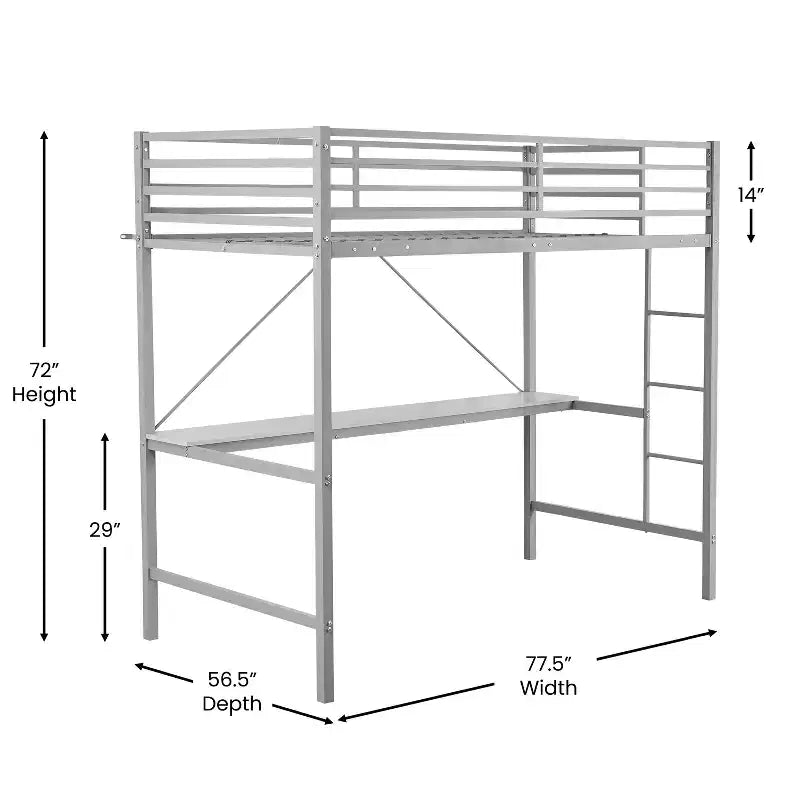 Metal Loft Bed Frame with Desk, Guard Rails and Ladder for Kids, Teens and Adults