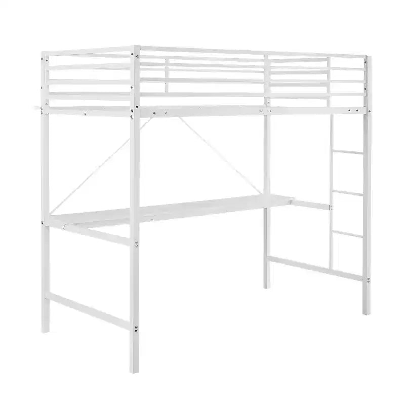 Metal Loft Bed Frame with Desk, Guard Rails and Ladder for Kids, Teens and Adults