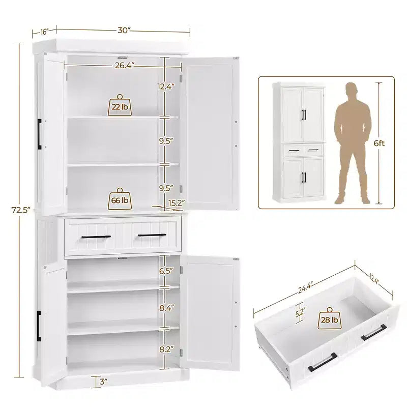 72.5" Kitchen Pantry Cabinet with Adjustable Shelves, White