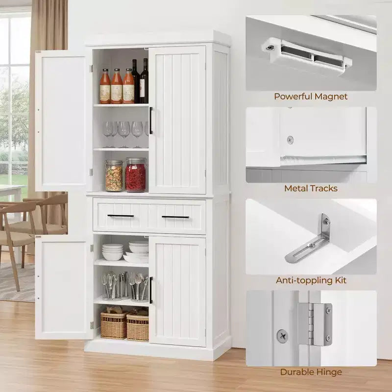 72.5" Kitchen Pantry Cabinet with Adjustable Shelves, White