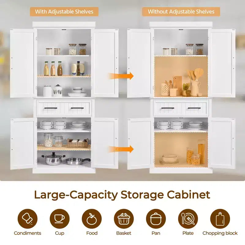72.5" Kitchen Pantry Cabinet with Adjustable Shelves, White