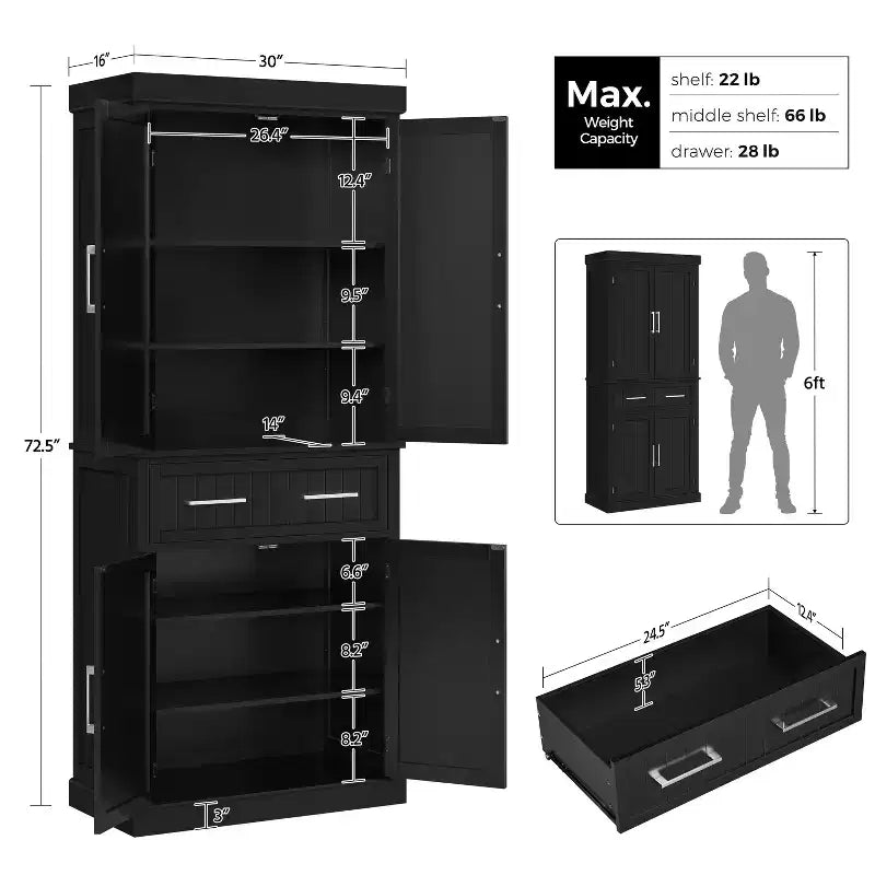 72.5" Kitchen Pantry Cabinet with Adjustable Shelves, White