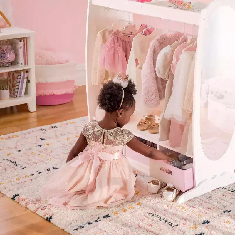 Kids' Dress Up Storage Center - White: Wardrobe with Mirror, Clothing Rack and Fabric Bins