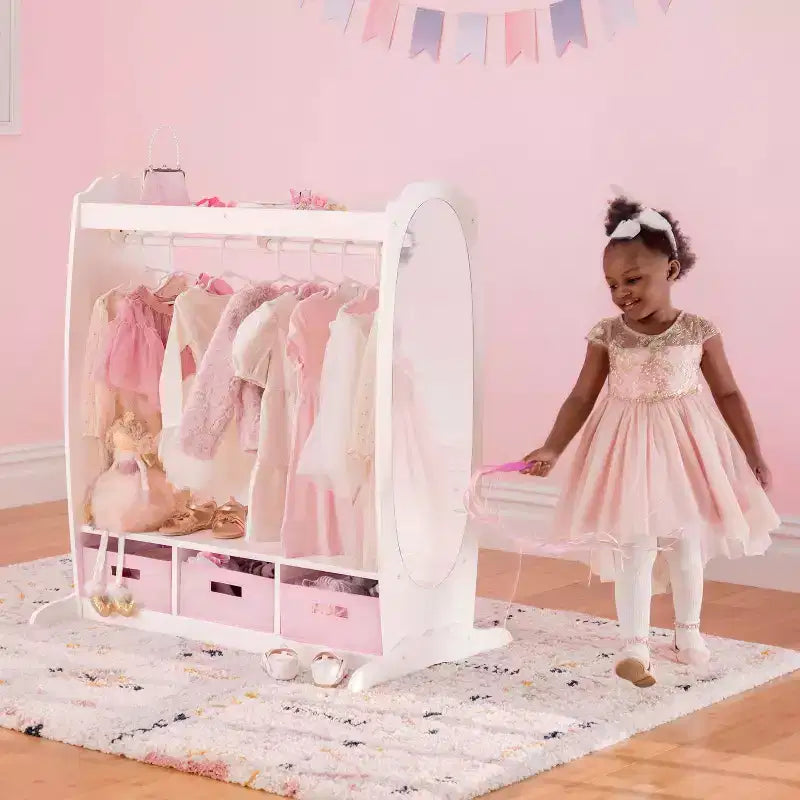 Kids' Dress Up Storage Center - White: Wardrobe with Mirror, Clothing Rack and Fabric Bins