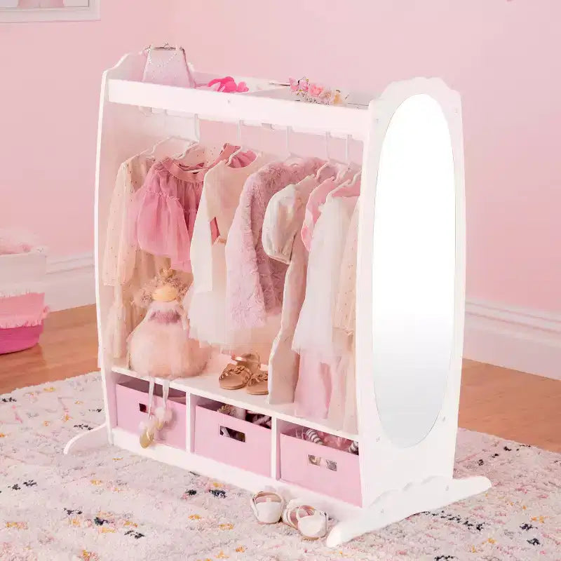 Kids' Dress Up Storage Center - White: Wardrobe with Mirror, Clothing Rack and Fabric Bins