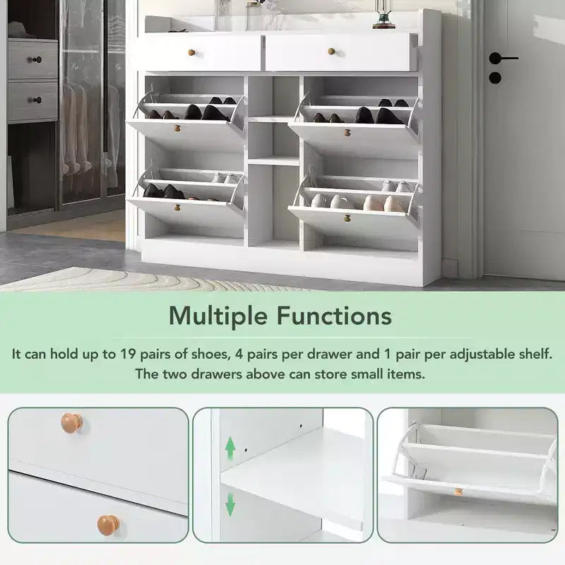 Modern Shoe Cabinet with 4 Flip Drawers - Holds 19 Pairs
