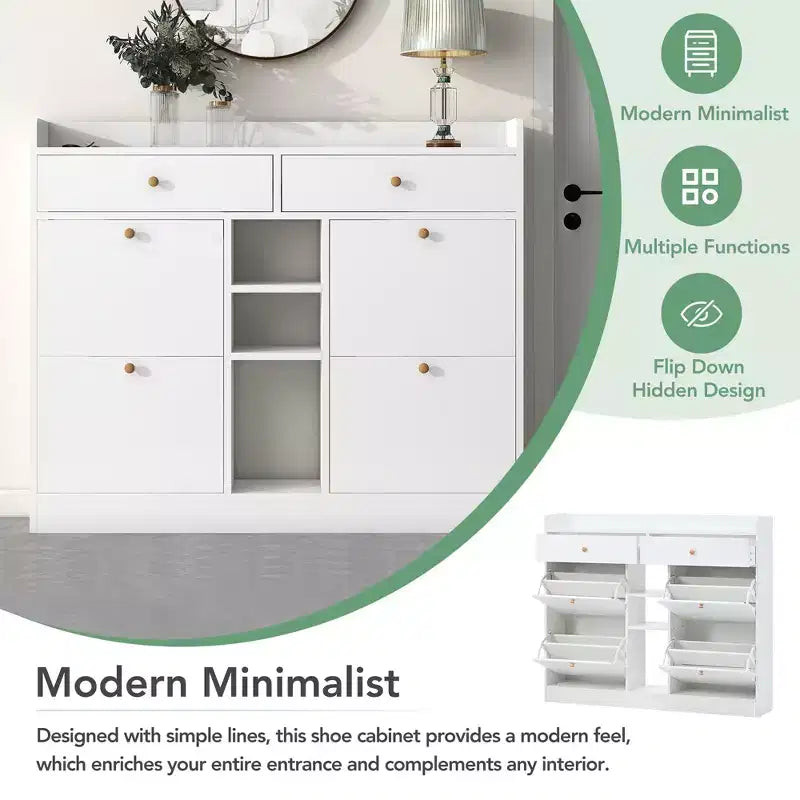 Modern Shoe Cabinet with 4 Flip Drawers - Holds 19 Pairs