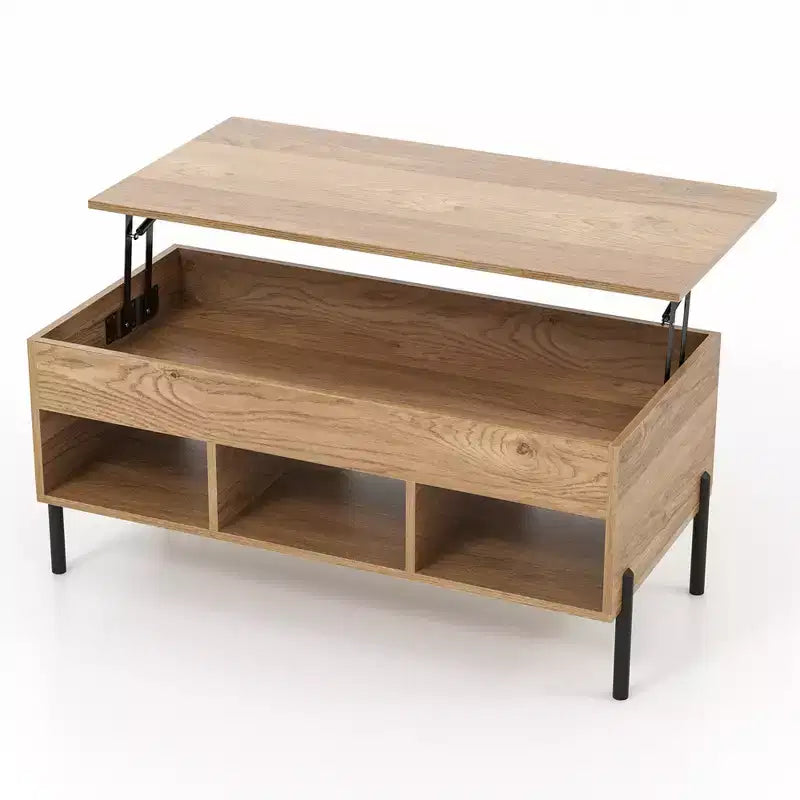 Lift Top Coffee Table with Hidden Compartment and 3 Open Cubbies, Brown