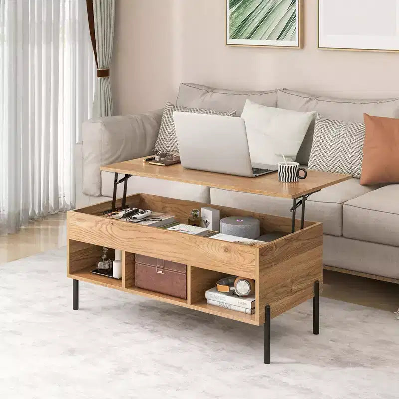 Lift Top Coffee Table with Hidden Compartment and 3 Open Cubbies, Brown