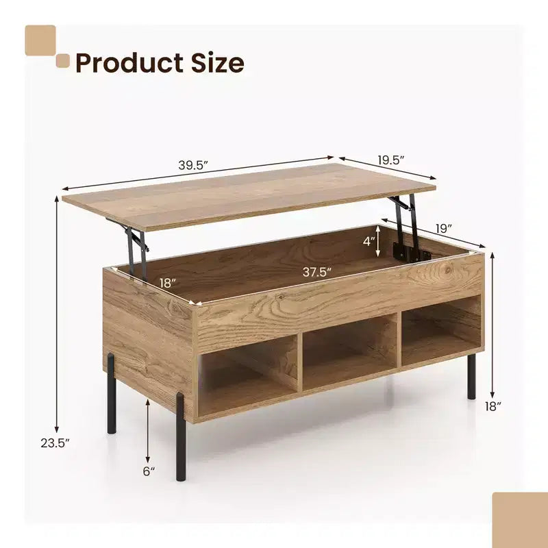 Lift Top Coffee Table with Hidden Compartment and 3 Open Cubbies, Brown