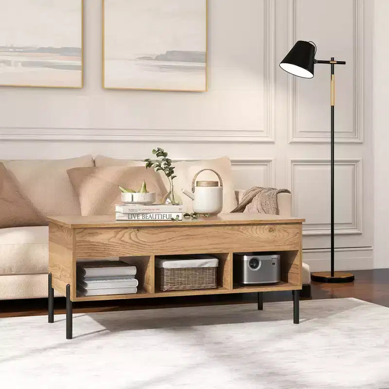 Lift Top Coffee Table with Hidden Compartment and 3 Open Cubbies, Brown