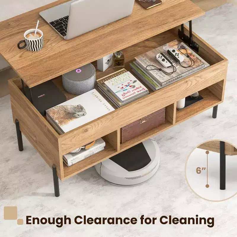 Lift Top Coffee Table with Hidden Compartment and 3 Open Cubbies, Brown