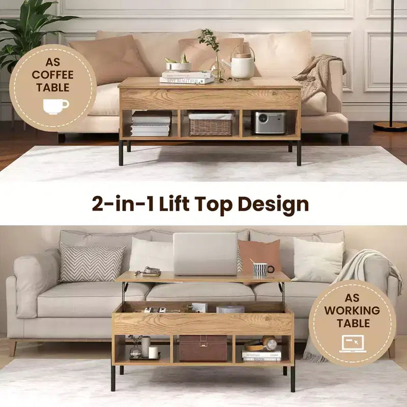Lift Top Coffee Table with Hidden Compartment and 3 Open Cubbies, Brown