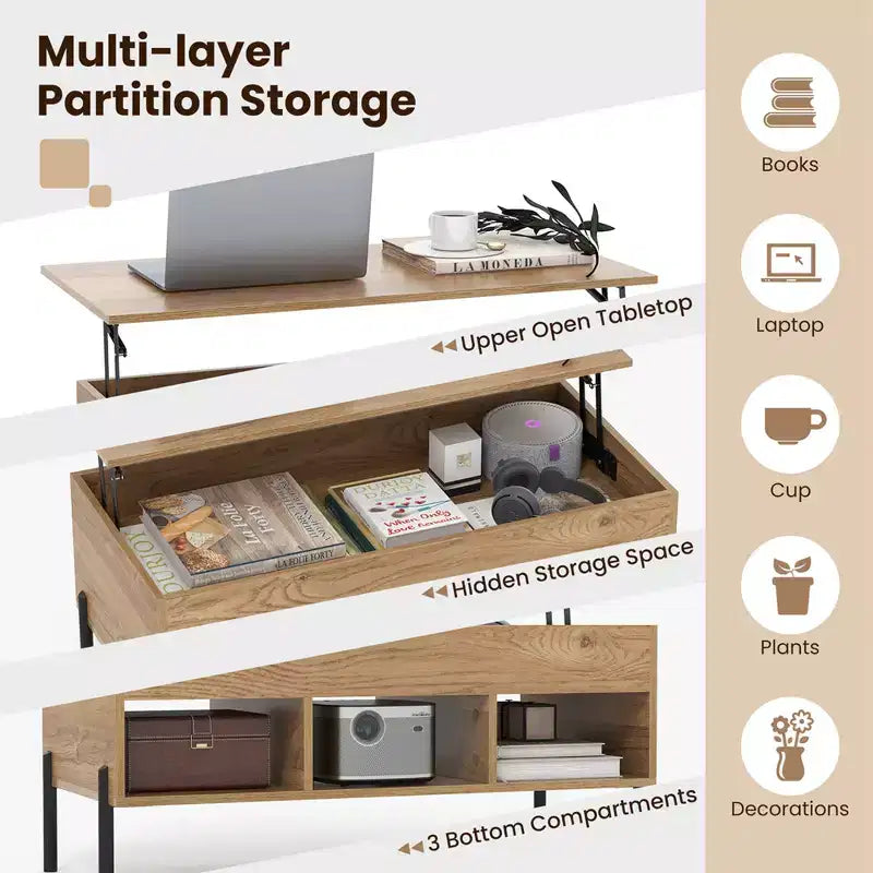 Lift Top Coffee Table with Hidden Compartment and 3 Open Cubbies, Brown