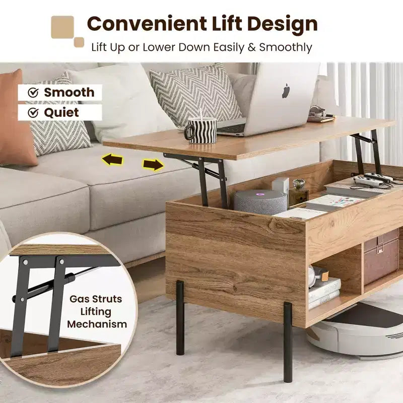 Lift Top Coffee Table with Hidden Compartment and 3 Open Cubbies, Brown