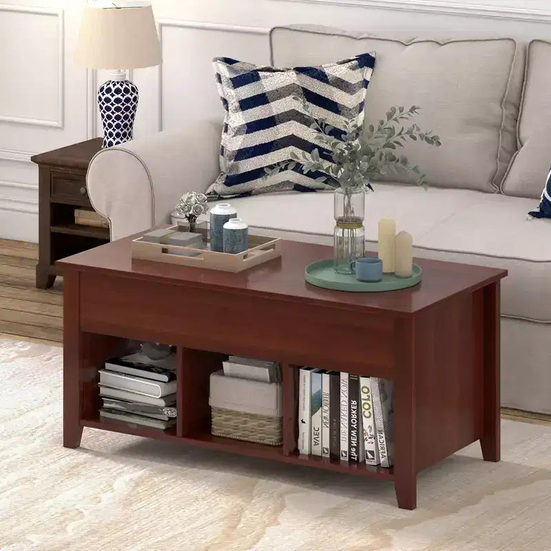 Lift Top Coffee Table with Hidden Compartment and Storage Shelves, Brown