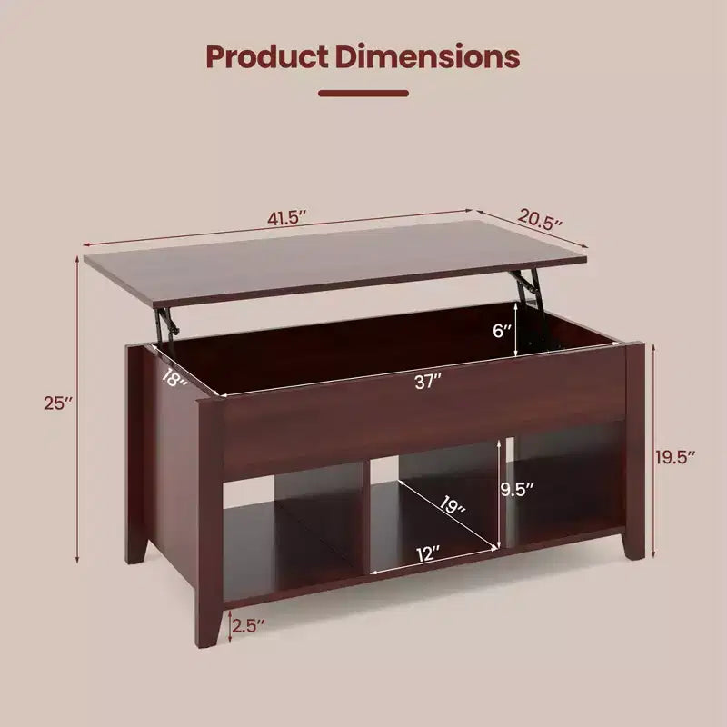Lift Top Coffee Table with Hidden Compartment and Storage Shelves, Brown