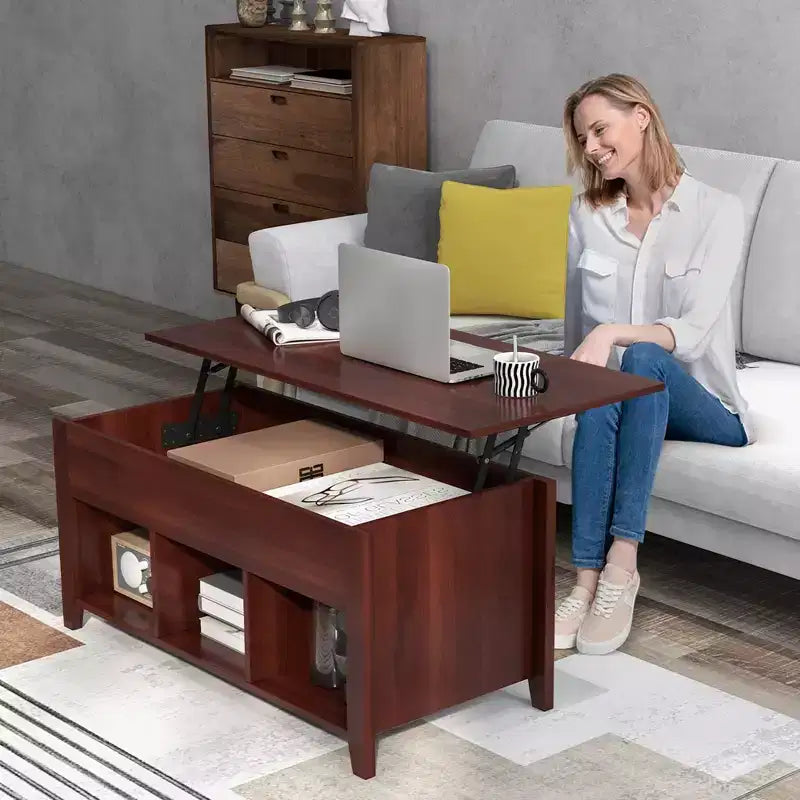 Lift Top Coffee Table with Hidden Compartment and Storage Shelves, Brown