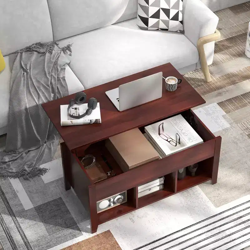 Lift Top Coffee Table with Hidden Compartment and Storage Shelves, Brown