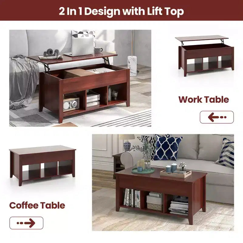 Lift Top Coffee Table with Hidden Compartment and Storage Shelves, Brown