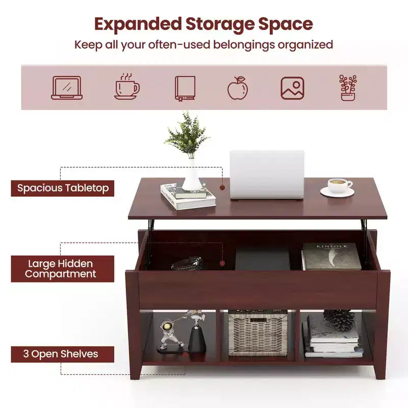 Lift Top Coffee Table with Hidden Compartment and Storage Shelves, Brown