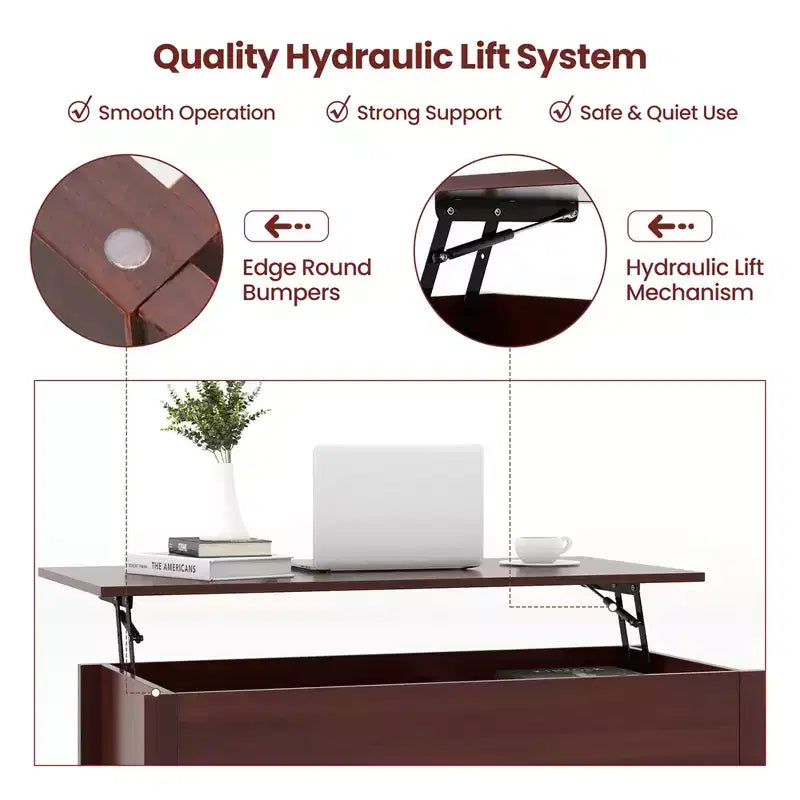 Lift Top Coffee Table with Hidden Compartment and Storage Shelves, Brown