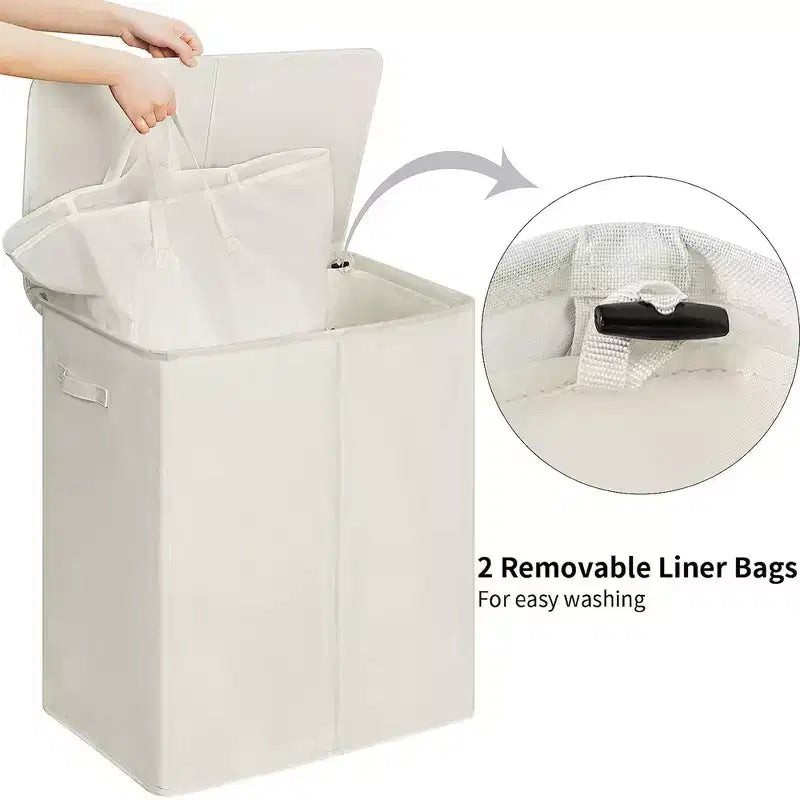 154-Liter Fabric 2-Section Collapsible Double Laundry Basket with Lid and Removable Bags