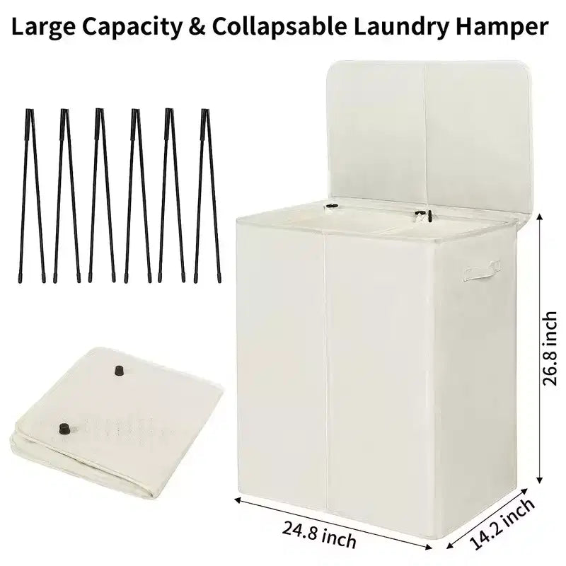 154-Liter Fabric 2-Section Collapsible Double Laundry Basket with Lid and Removable Bags