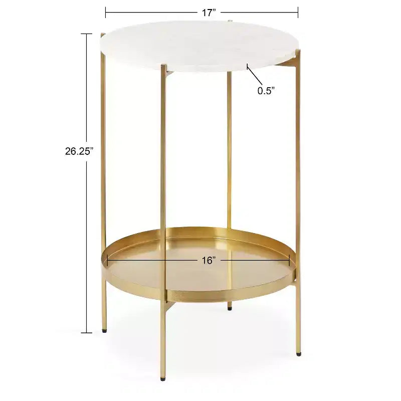 17" Round Marble Top Metal Side Table, Gold
