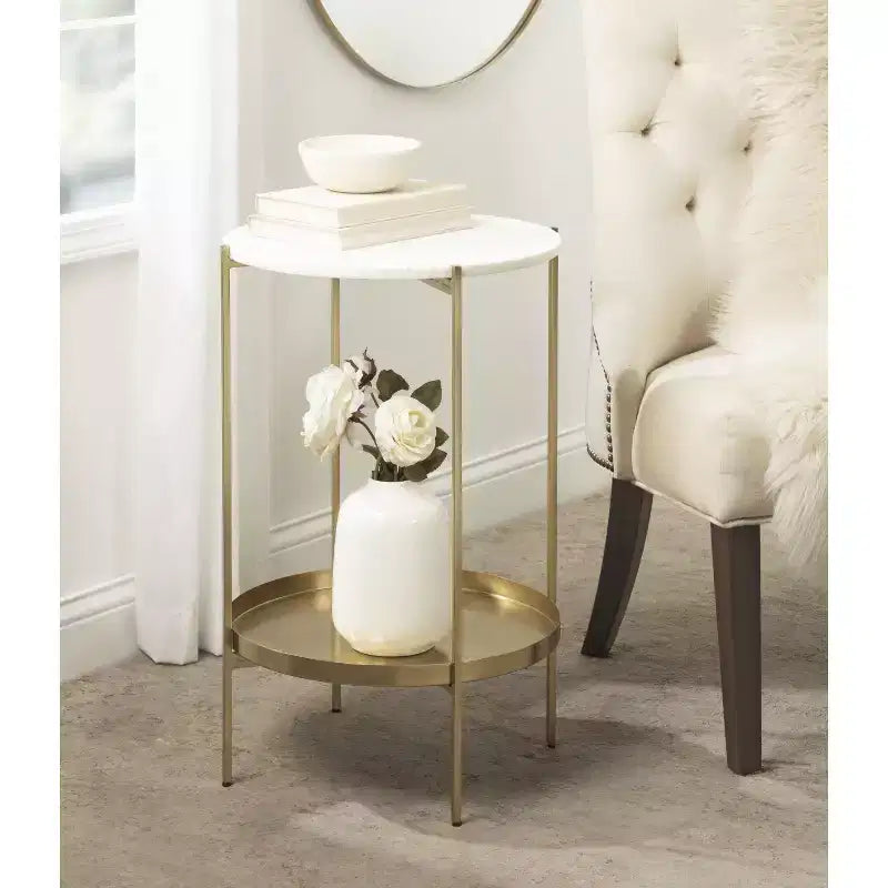 17" Round Marble Top Metal Side Table, Gold