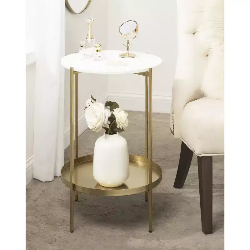 17" Round Marble Top Metal Side Table, Gold