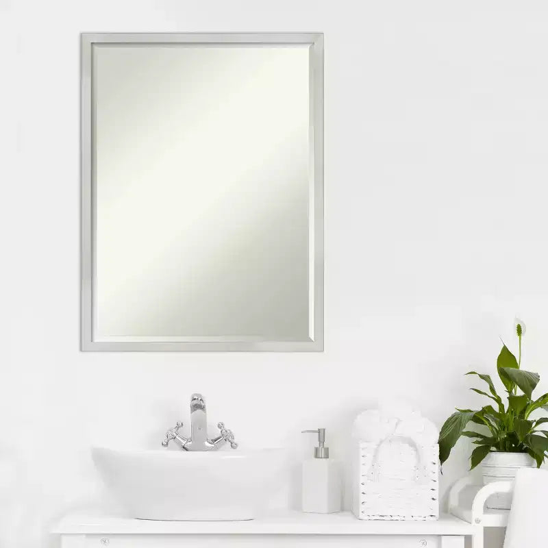 Petite Bevel Wood Bathroom Wall Mirror - Narrow Contemporary Frame