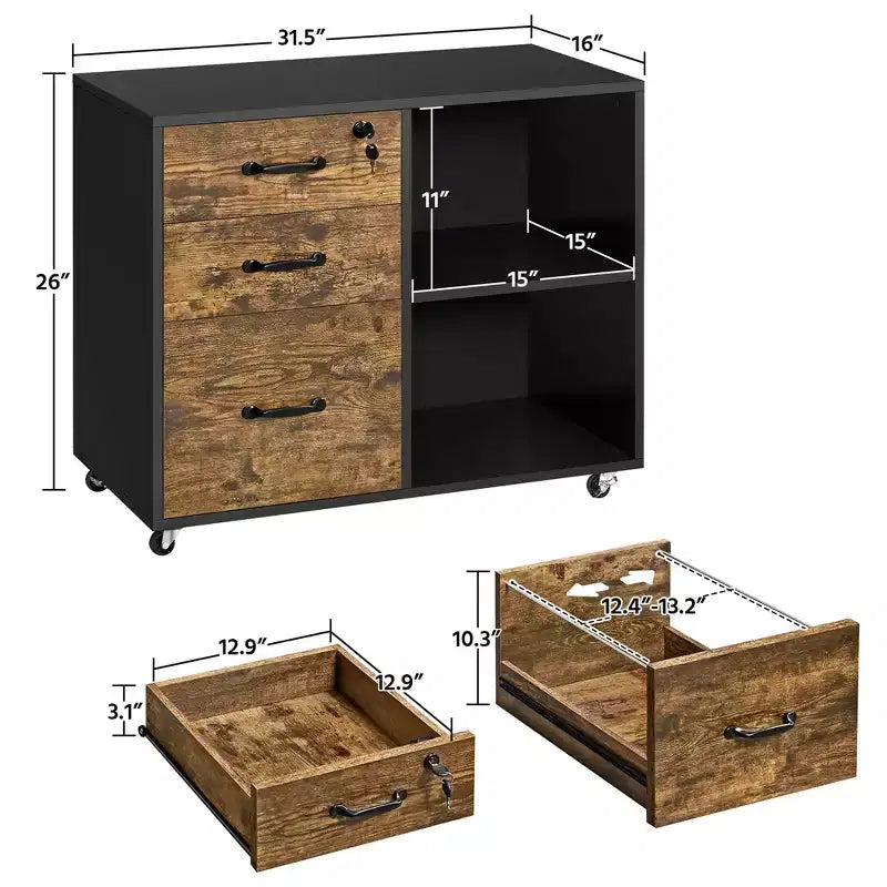 Vintage Rolling File Cabinet with 3 Drawers for Home and Office