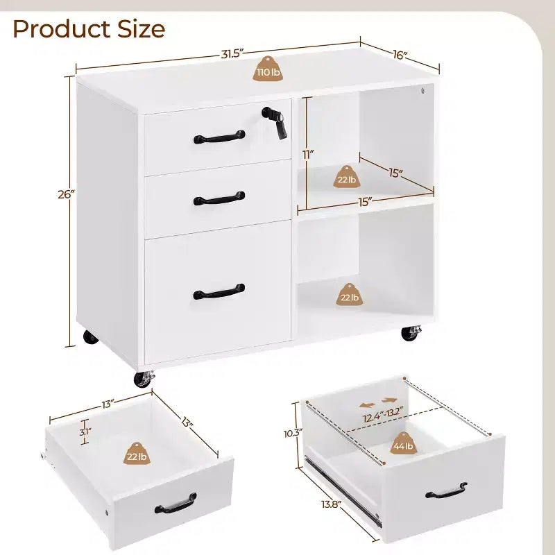 Vintage Rolling File Cabinet with 3 Drawers for Home and Office
