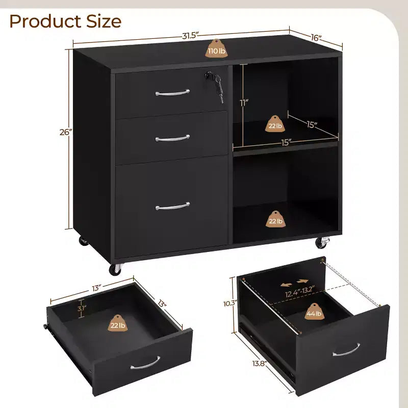 Vintage Rolling File Cabinet with 3 Drawers for Home and Office