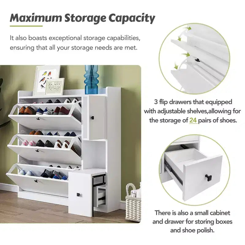 Shoe Cabinet with 3 Flip-Top Drawers and Pull-Down Seat