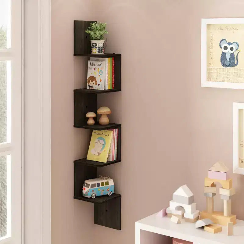 5-Tier S-Shaped Corner Bookshelf, Espresso