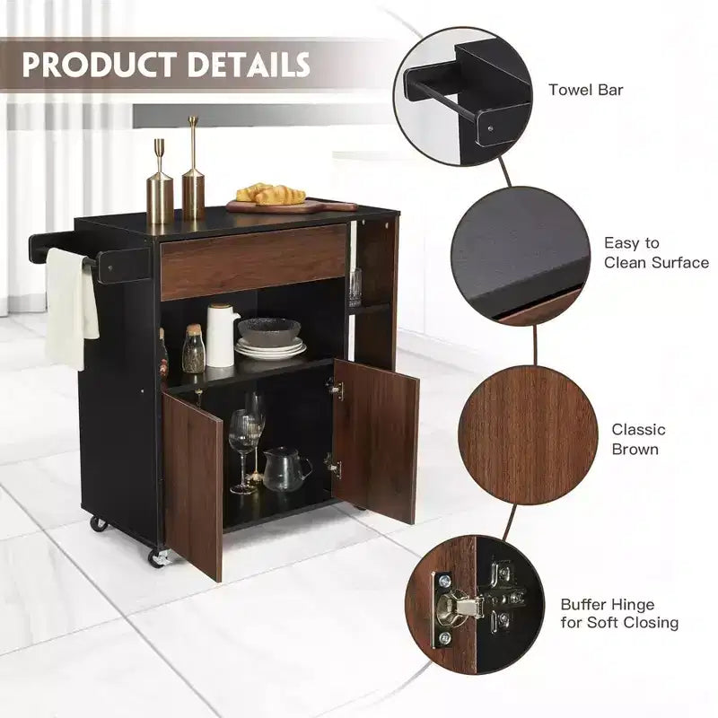Kitchen Island Rolling Cart with Storage Drawers and Towel Rack