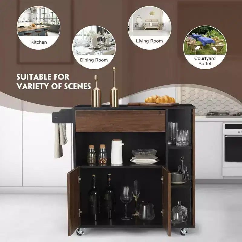 Kitchen Island Rolling Cart with Storage Drawers and Towel Rack