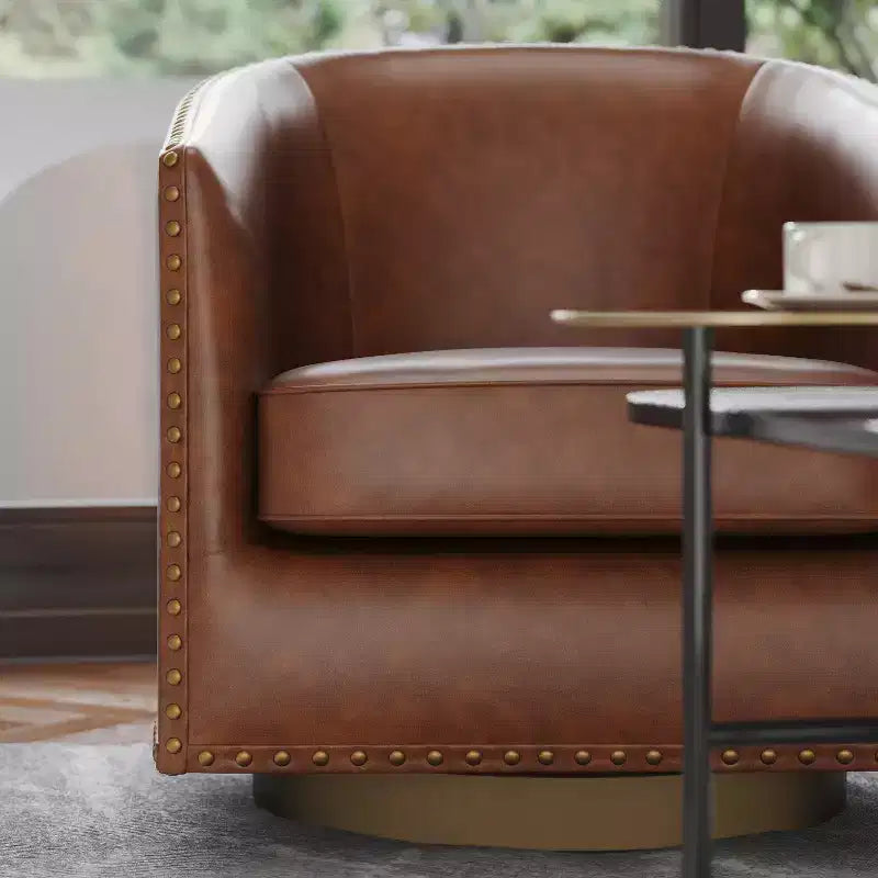 Club Style Commercial Barrel Accent Armchair with 360 Swivel Base and Nail Head Trim