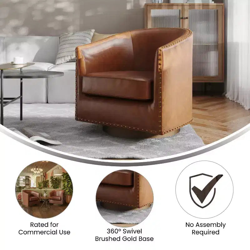 Club Style Commercial Barrel Accent Armchair with 360 Swivel Base and Nail Head Trim