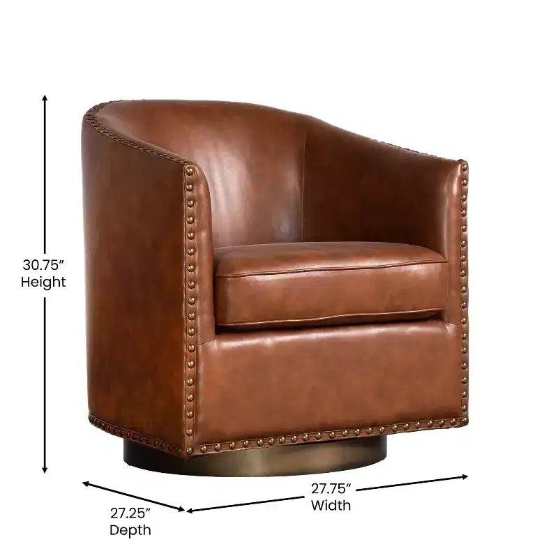 Club Style Commercial Barrel Accent Armchair with 360 Swivel Base and Nail Head Trim