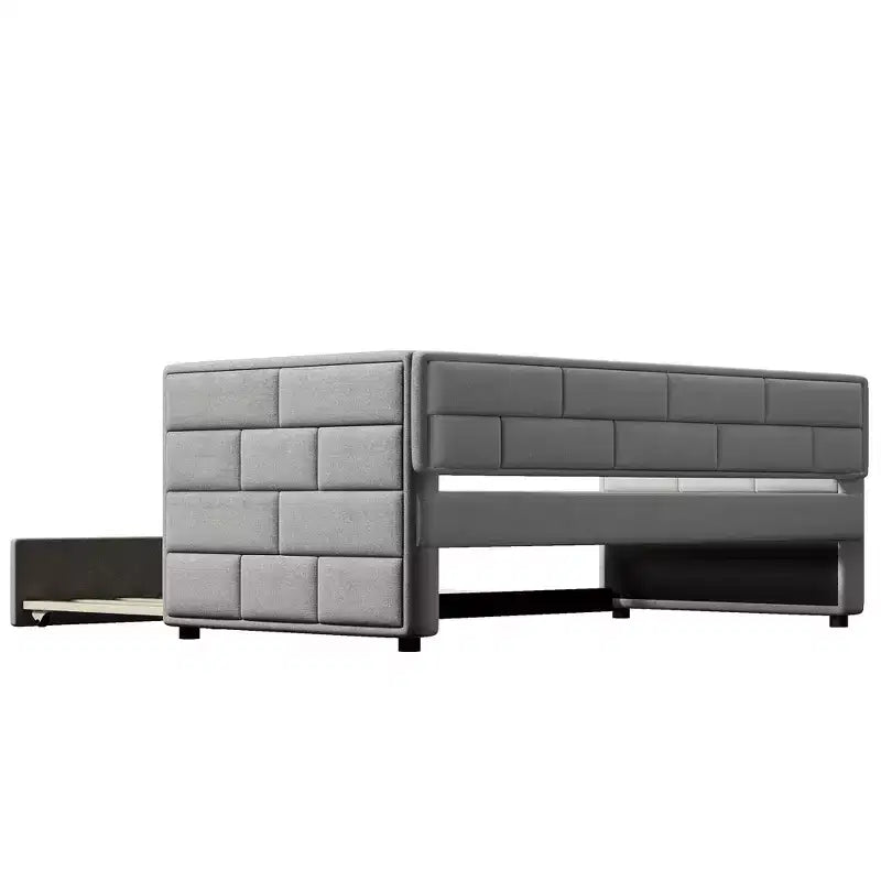 Twin Size Daybed with Trundle Bed and Padded Back, Gray