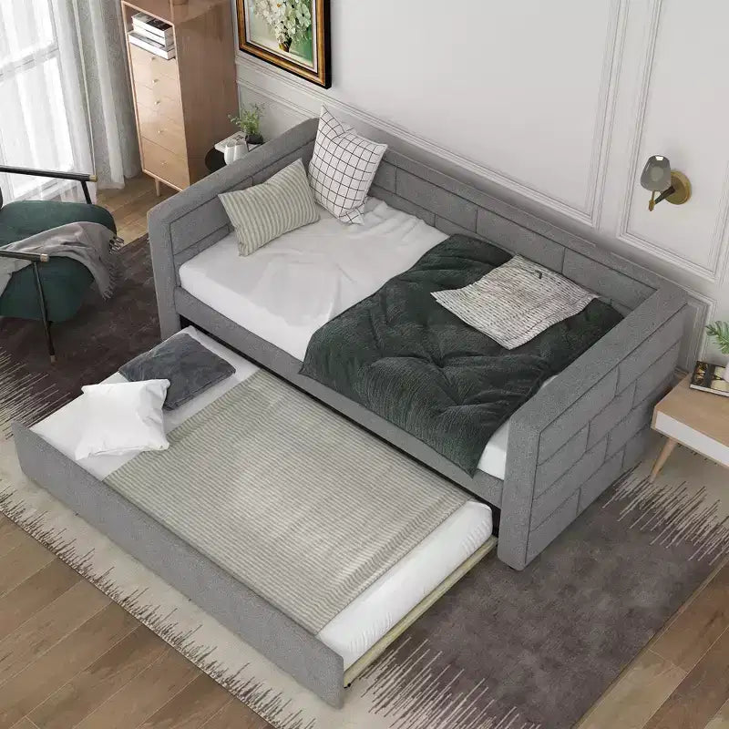 Twin Size Daybed with Trundle Bed and Padded Back, Gray
