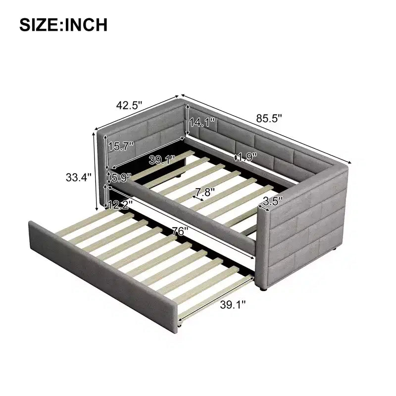 Twin Size Daybed with Trundle Bed and Padded Back, Gray