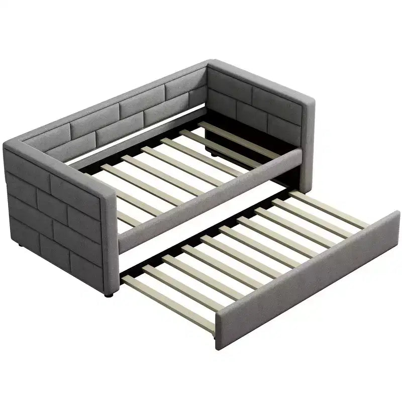 Twin Size Daybed with Trundle Bed and Padded Back, Gray