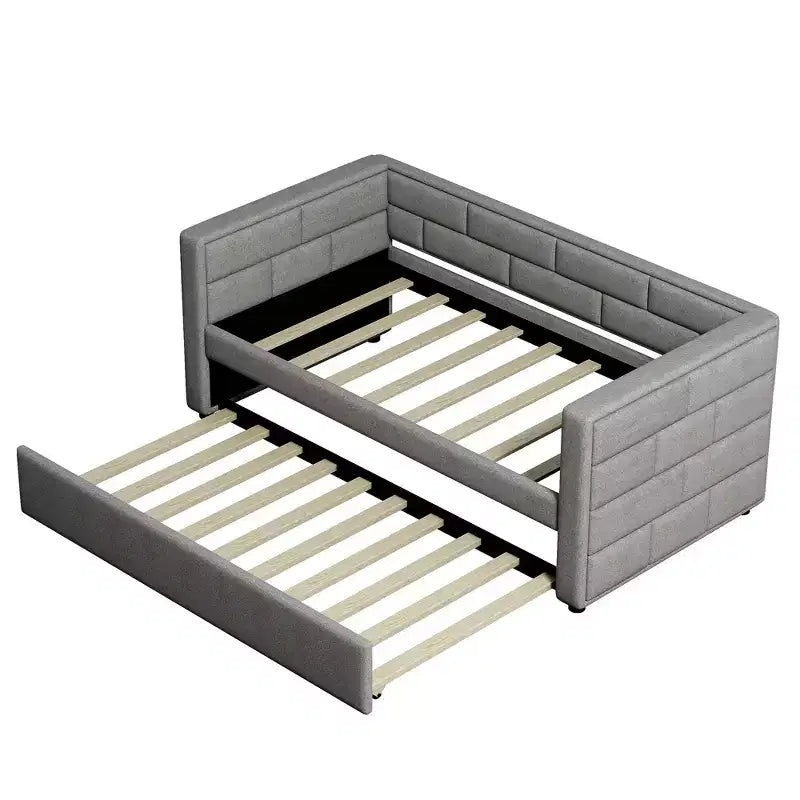 Twin Size Daybed with Trundle Bed and Padded Back, Gray