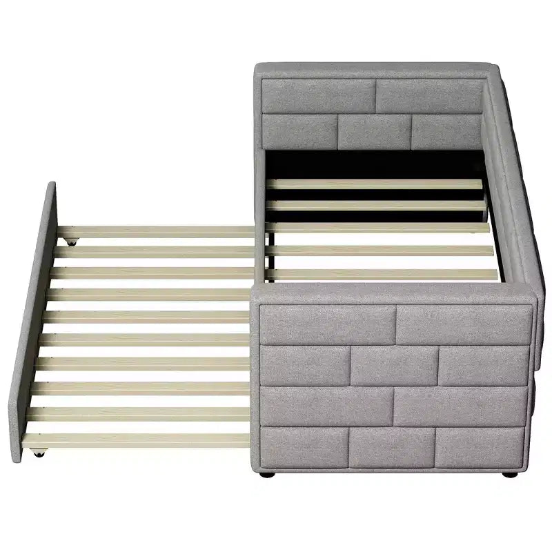Twin Size Daybed with Trundle Bed and Padded Back, Gray