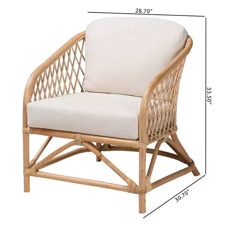 Modern Bohemian White Fabric and Natural Brown Rattan Armchair