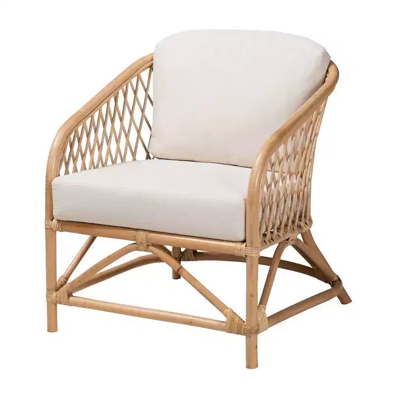 Modern Bohemian White Fabric and Natural Brown Rattan Armchair